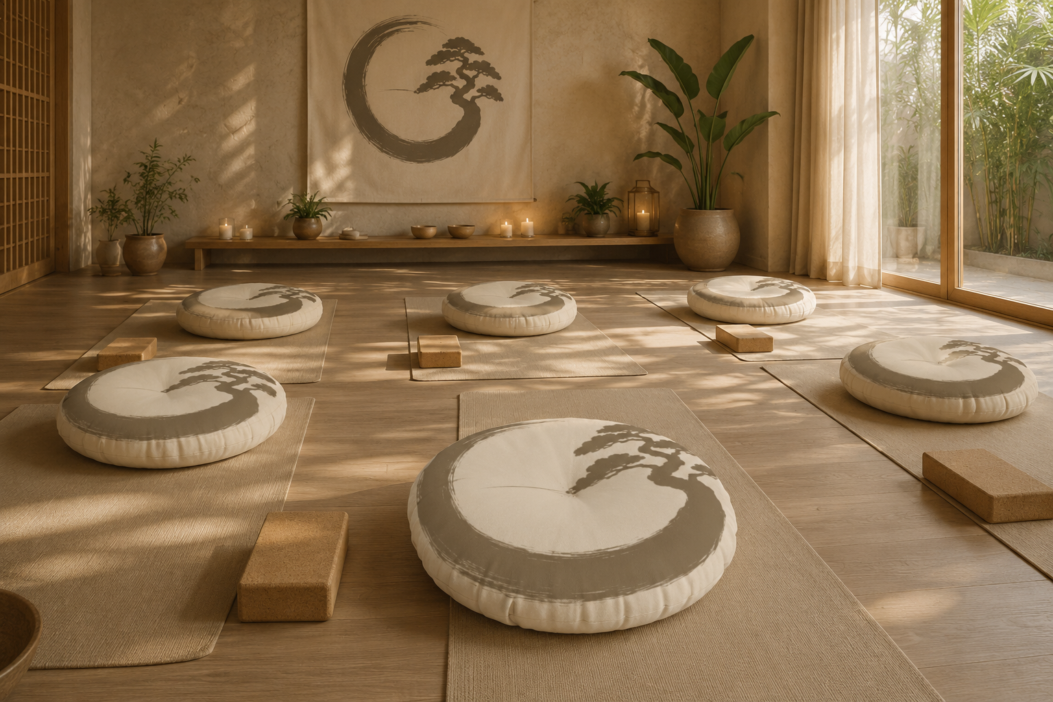Zen Ensō Bonsai floor cushions arranged across mats in a sunlit yoga studio