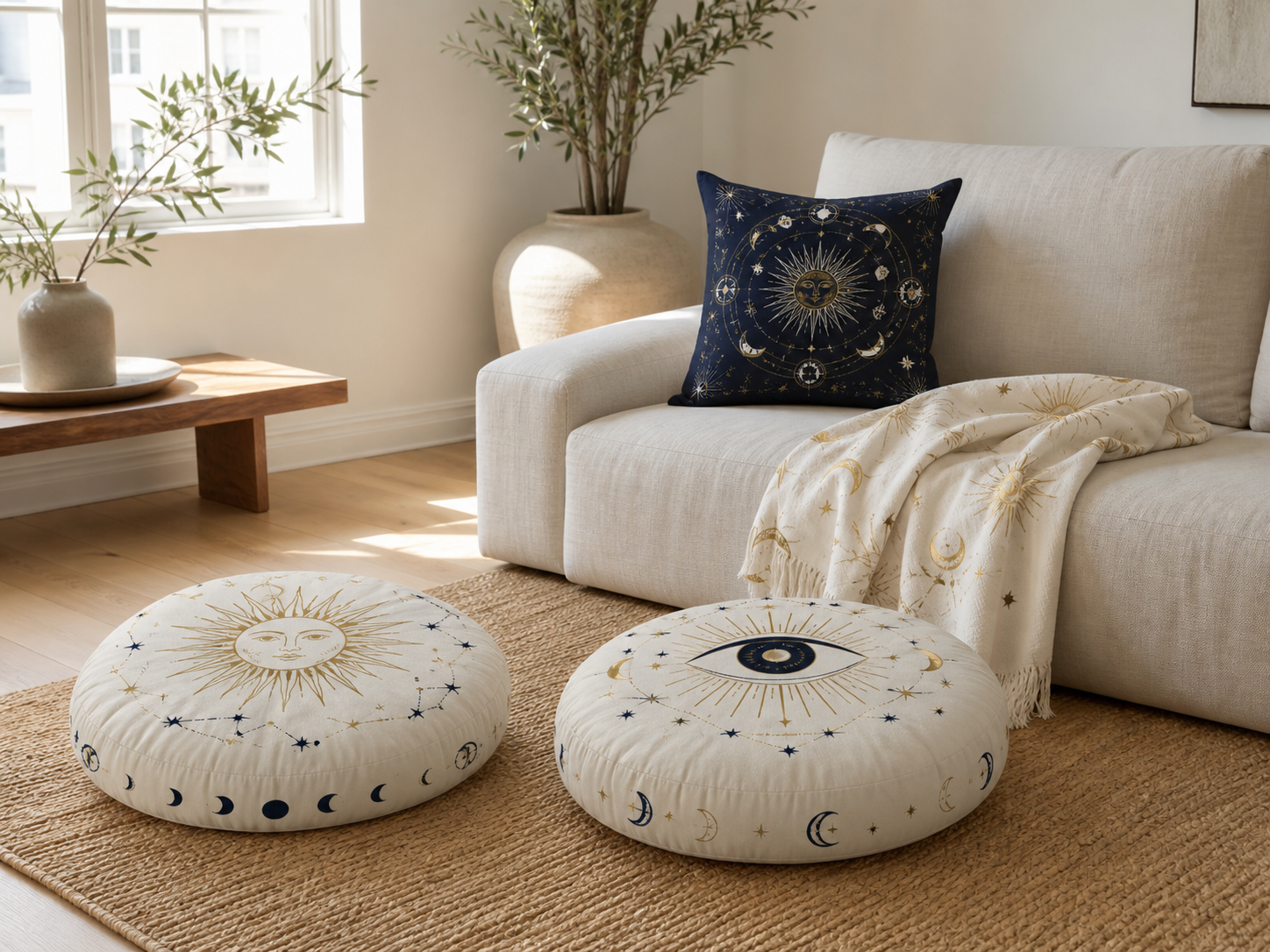 Moonhac celestial floor cushions, decorative pillow and throw in a daylight living room