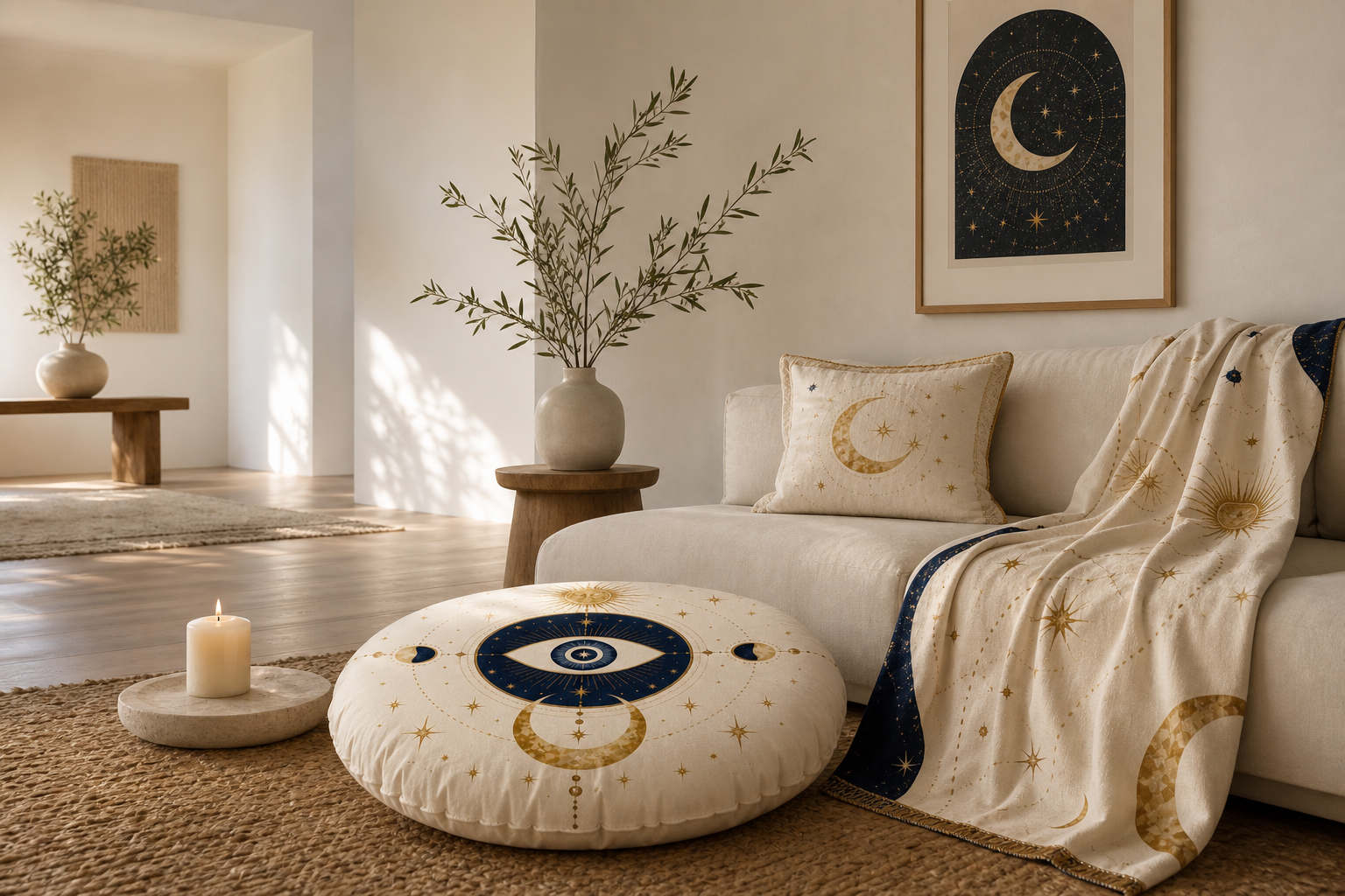 A serene Moonhac home with celestial floor cushions, soft textiles and warm natural light
